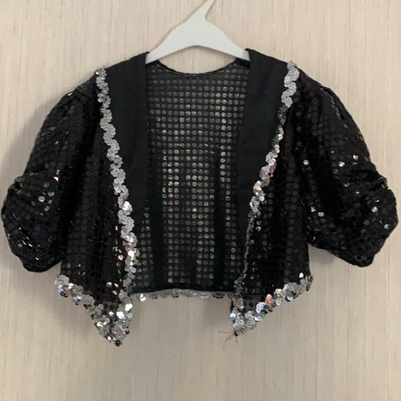 Costume Top Black Silver Sparkly Sequin- Dance outfit Short Puff Sleeve Recital - Picture 1 of 11